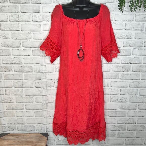 Mlle Gabrielle Coral Neon Lace Trimmed Beachy Dress Boho Size 3X Plus Coverup - Picture 1 of 6